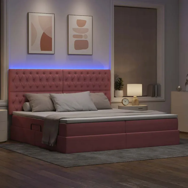 LED saugojimo lova su čiužiniu Rožinė 200 x 200 cm Aksomas