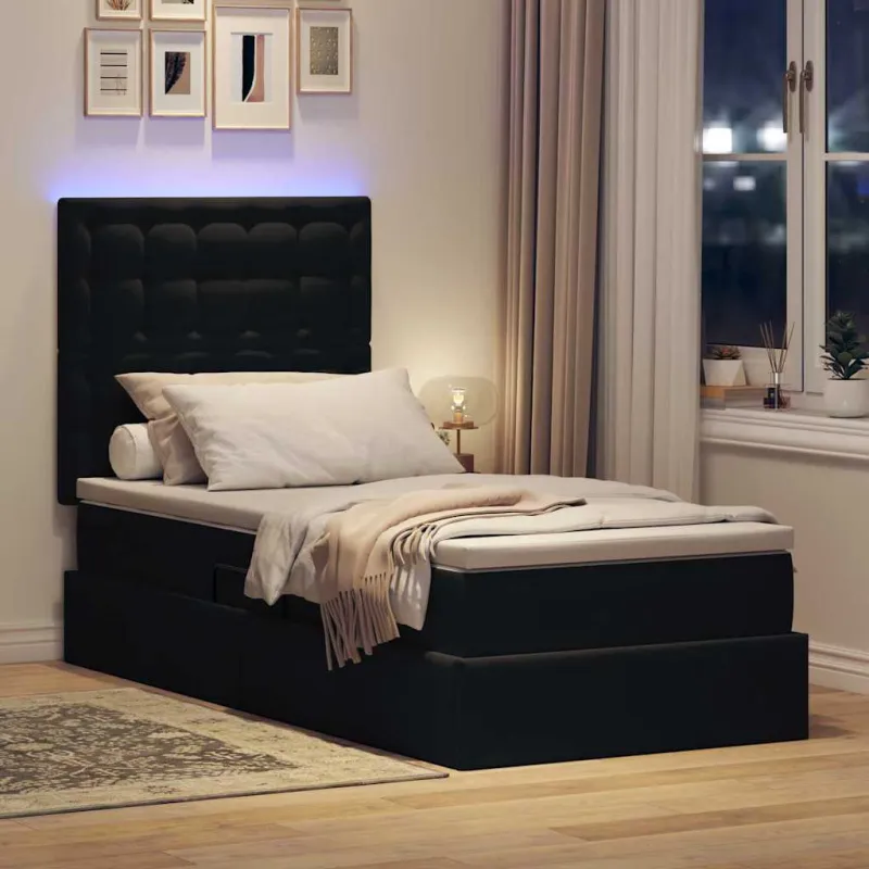 LED saugojimo lova su čiužiniu Juoda 90 x 200 cm Aksomas