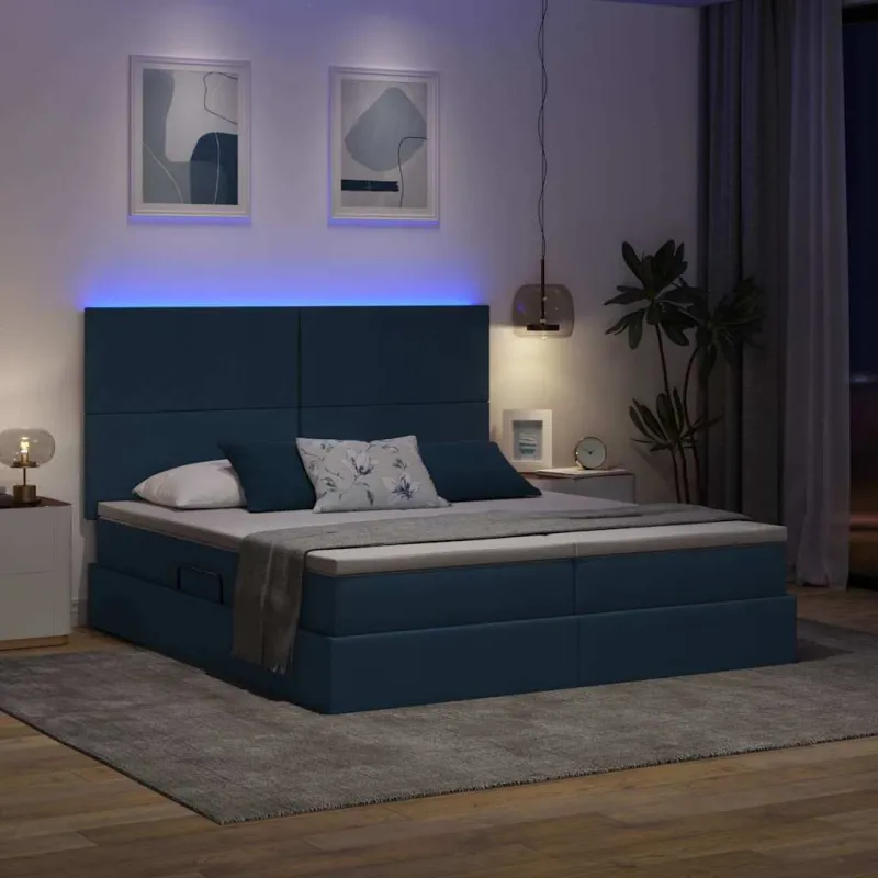 LED saugojimo lova su čiužiniu Mėlyna 200 x 200 cm Audinys