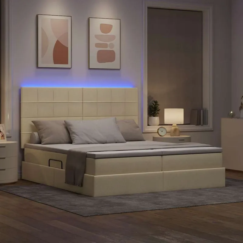 LED saugojimo lova su čiužiniu Kremas 200 x 200 cm Audinys