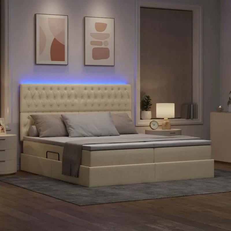LED saugojimo lova su čiužiniu Kremas 200 x 200 cm Audinys