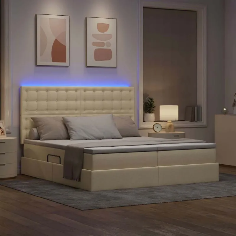 LED saugojimo lova su čiužiniu Kremas 200 x 200 cm Audinys