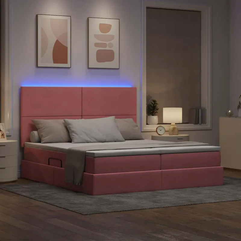 LED saugojimo lova su čiužiniu Rožinė 200 x 200 cm Aksomas