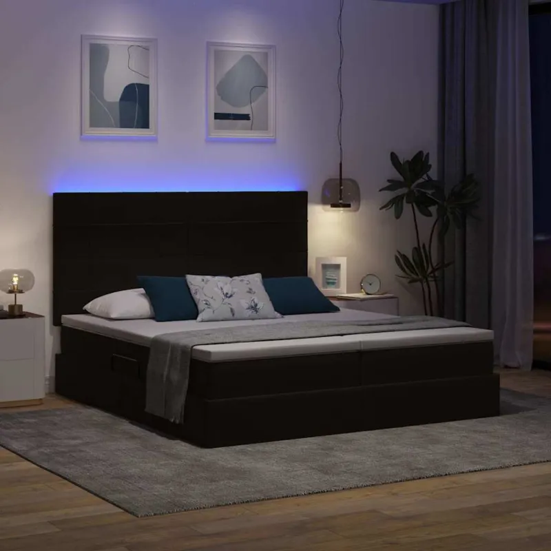 LED saugojimo lova su čiužiniu Juoda 200 x 200 cm Aksomas