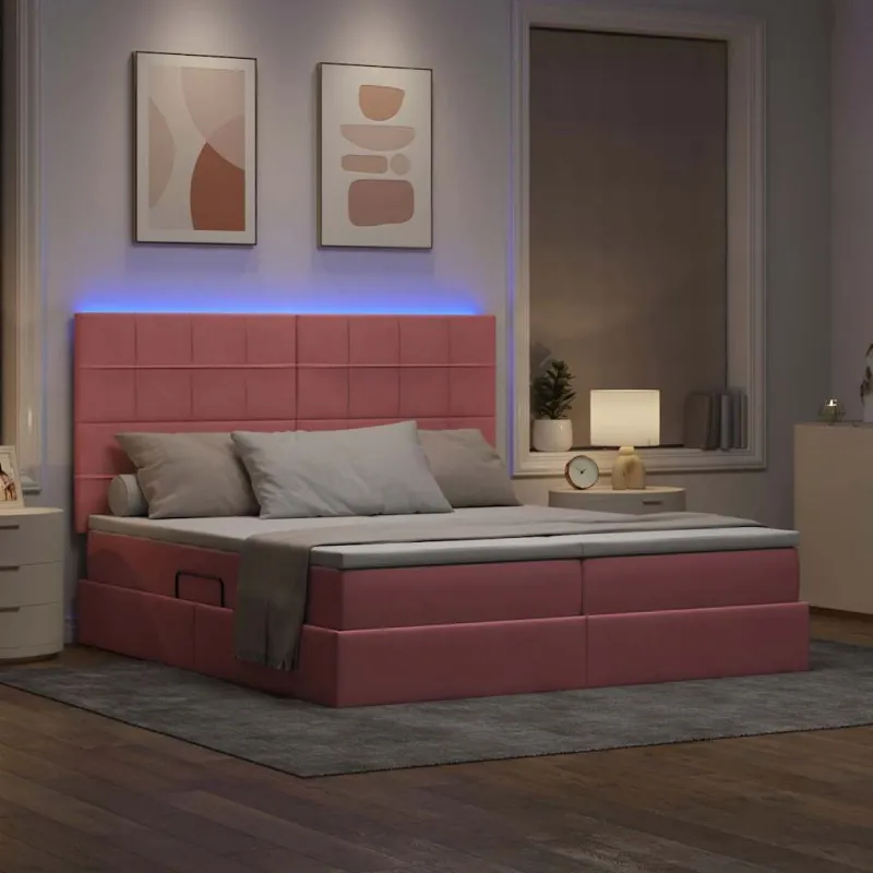 LED saugojimo lova su čiužiniu Rožinė 200 x 200 cm Aksomas