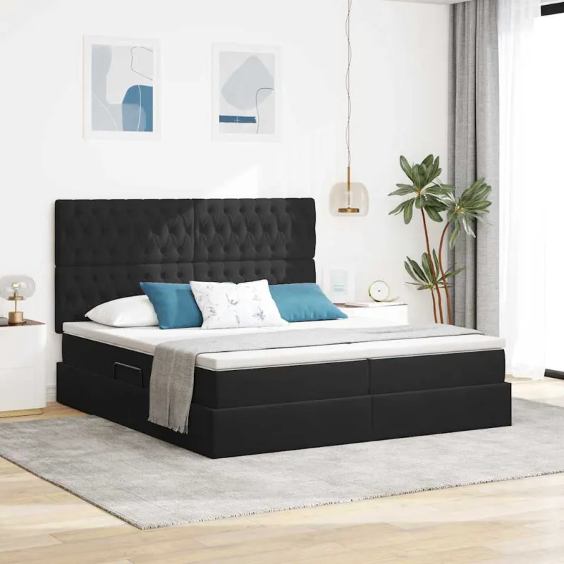 LED saugojimo lova su čiužiniu Juoda 180 x 200 cm Aksomas