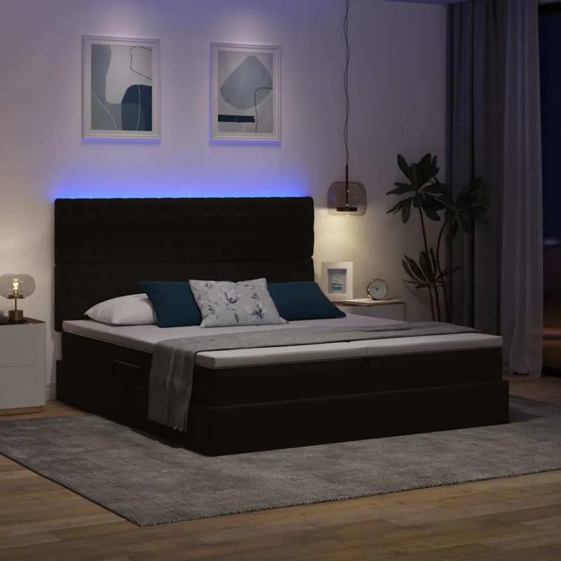 LED saugojimo lova su čiužiniu Juoda 200 x 200 cm Aksomas