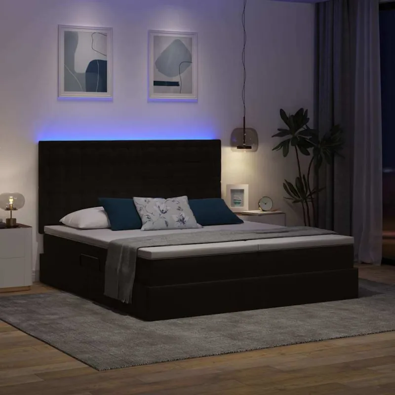 LED saugojimo lova su čiužiniu Juoda 200 x 200 cm Aksomas