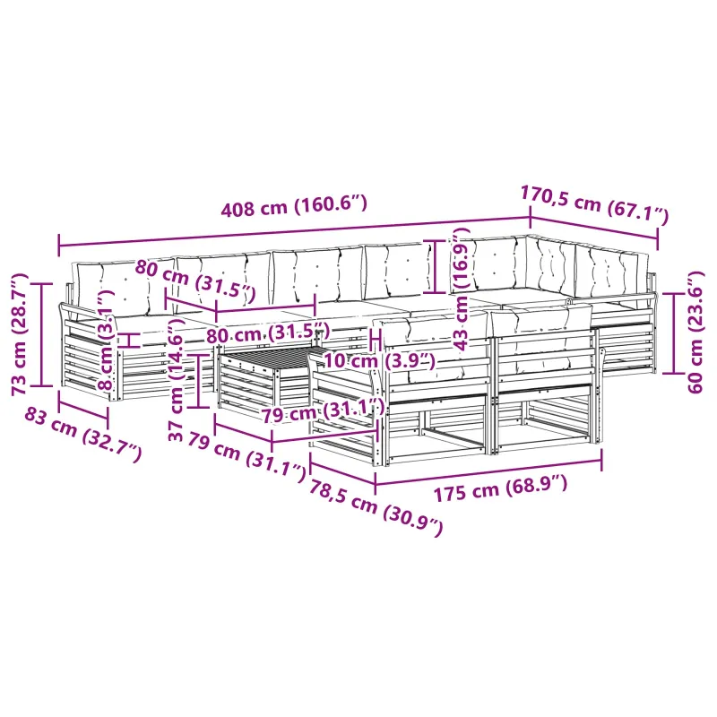 Lauko sofos komplektas 9 pcs Natūrali ir šviesiai pilka