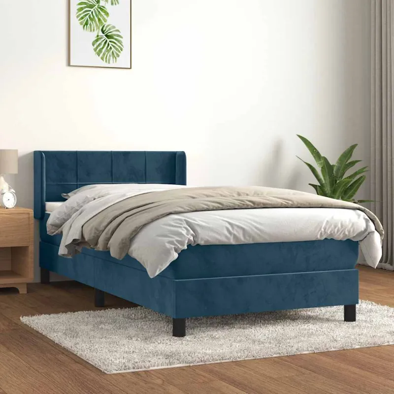 Lova su spyruoklėmis ir čiužiniu, mėlyna,90x200 cm, aksomas