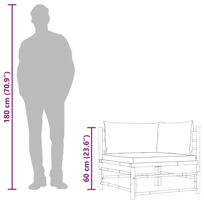 Kampinė sodo sofa su kreminėmis pagalvėlėmis, bambukas