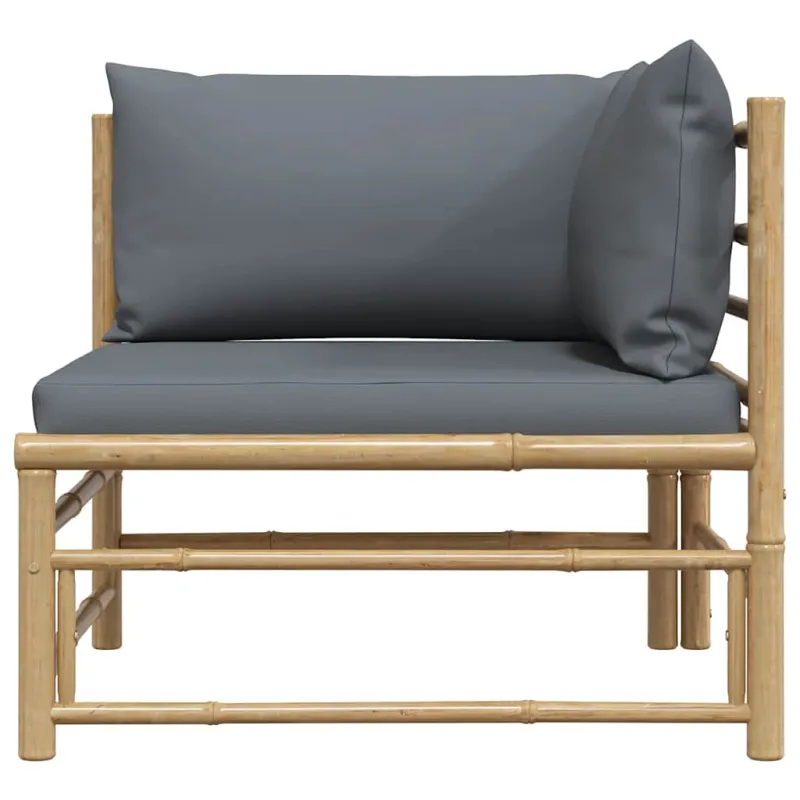 Kampinė sodo sofa su tamsiai pilkomis pagalvėlėmis, bambukas