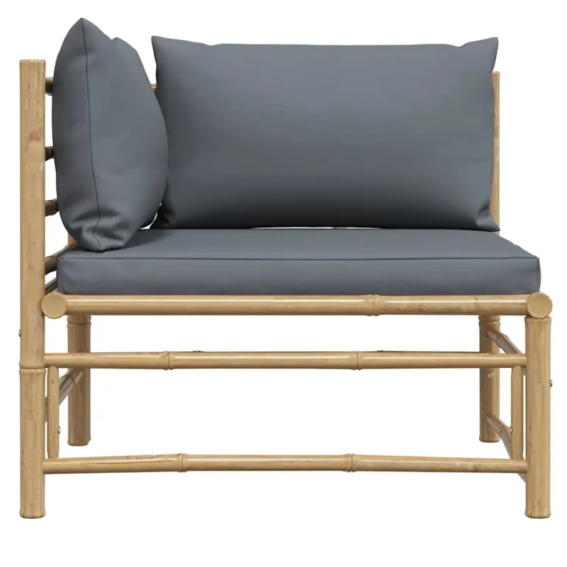 Kampinė sodo sofa su tamsiai pilkomis pagalvėlėmis, bambukas