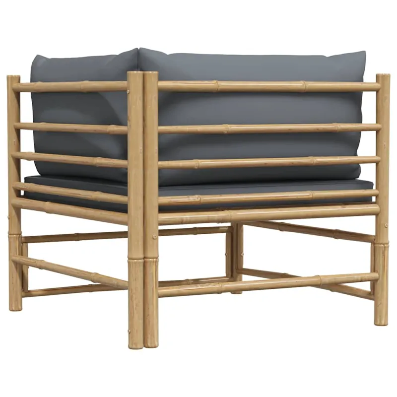 Kampinė sodo sofa su tamsiai pilkomis pagalvėlėmis, bambukas