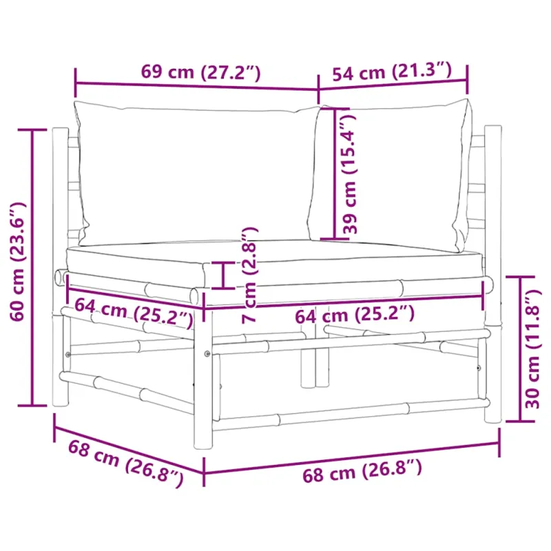 Kampinė sodo sofa su tamsiai pilkomis pagalvėlėmis, bambukas