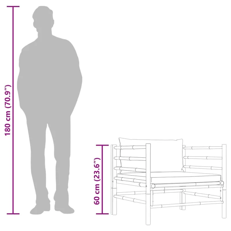 Sodo sofa su tamsiai pilkomis pagalvėlėmis, bambukas
