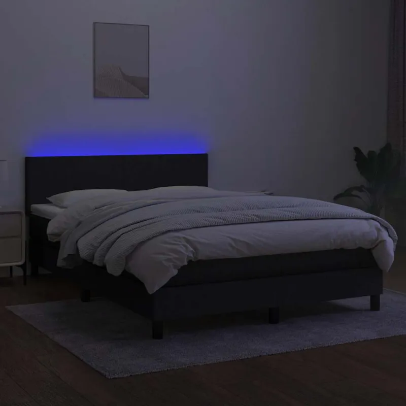 Lova su spyruoklėmis/čiužiniu/LED, juoda, 140x190 cm, audinys