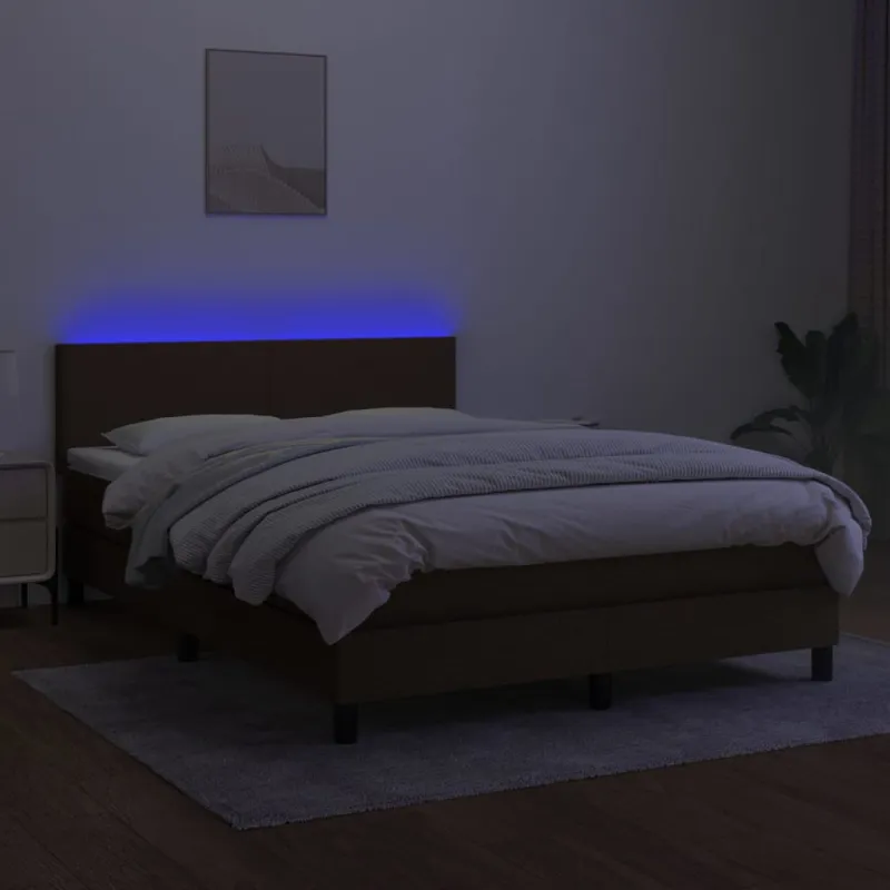 Lova su spyruoklėmis/čiužiniu/LED, ruda, 140x190 cm, audinys