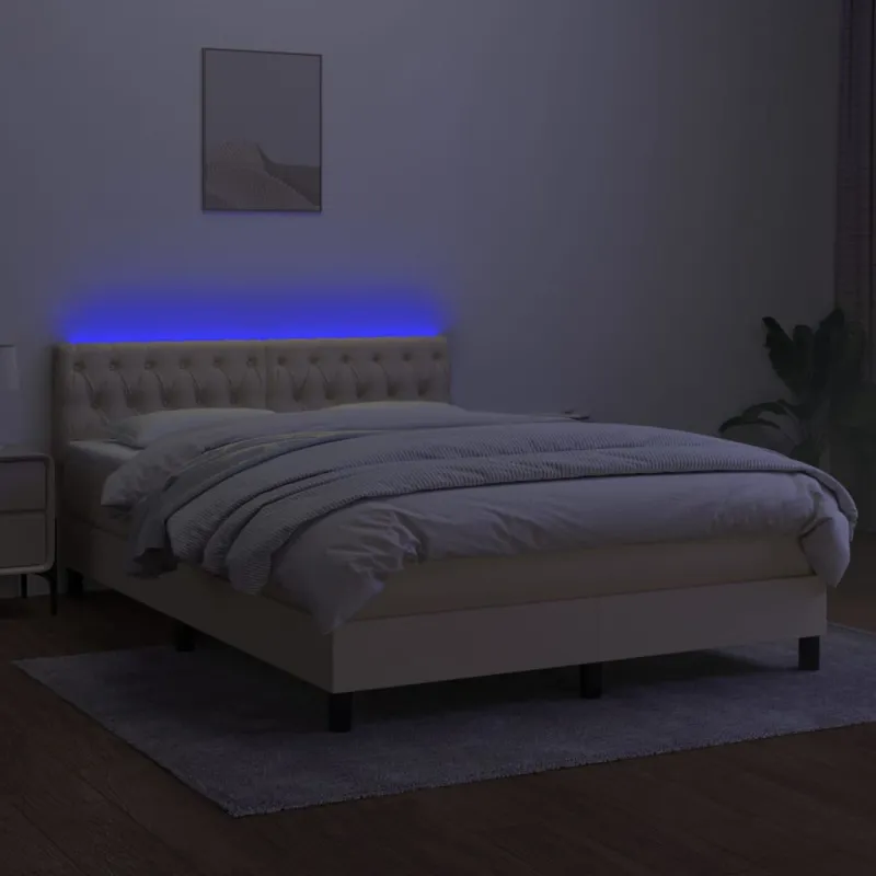 Lova su spyruoklėmis/čiužiniu/LED, kreminė, 140x190 cm, audinys