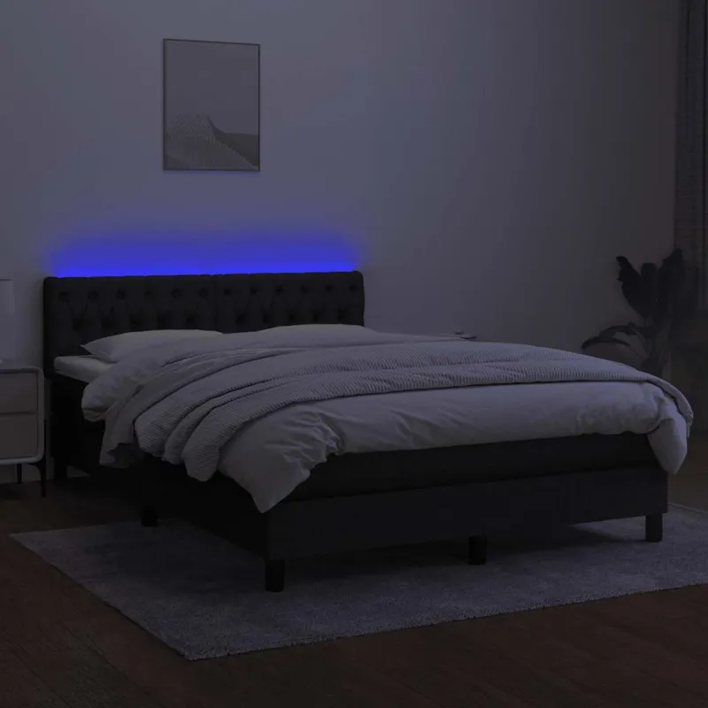 Lova su spyruoklėmis/čiužiniu/LED, juoda, 140x200 cm, audinys