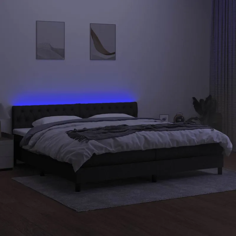 Lova su spyruoklėmis/čiužiniu/LED, juoda, 200x200 cm, audinys