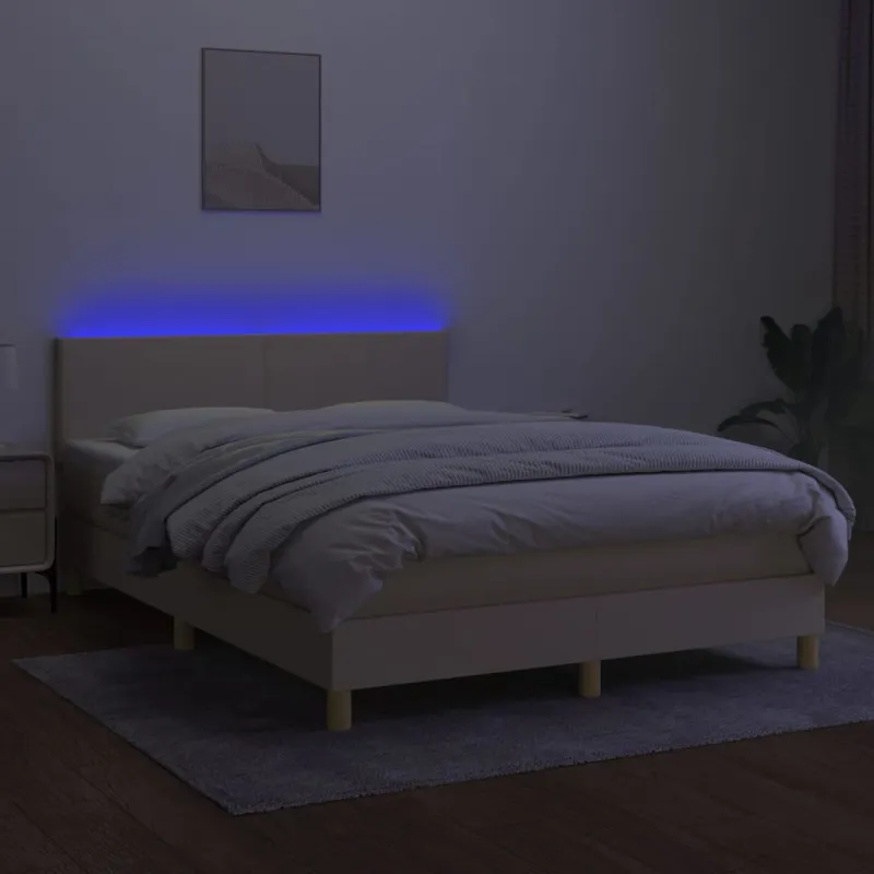 Lova su spyruoklėmis/čiužiniu/LED, kreminė, 140x190 cm, audinys