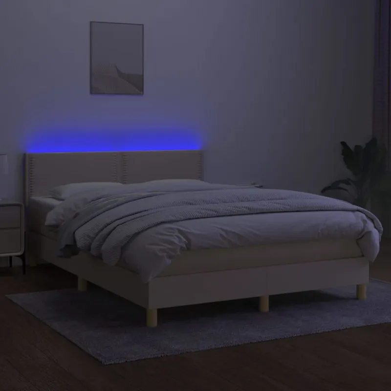 Lova su spyruoklėmis/čiužiniu/LED, kreminė, 140x190 cm, audinys