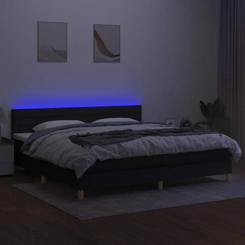 Lova su spyruoklėmis/čiužiniu/LED, juoda, 200x200 cm, audinys