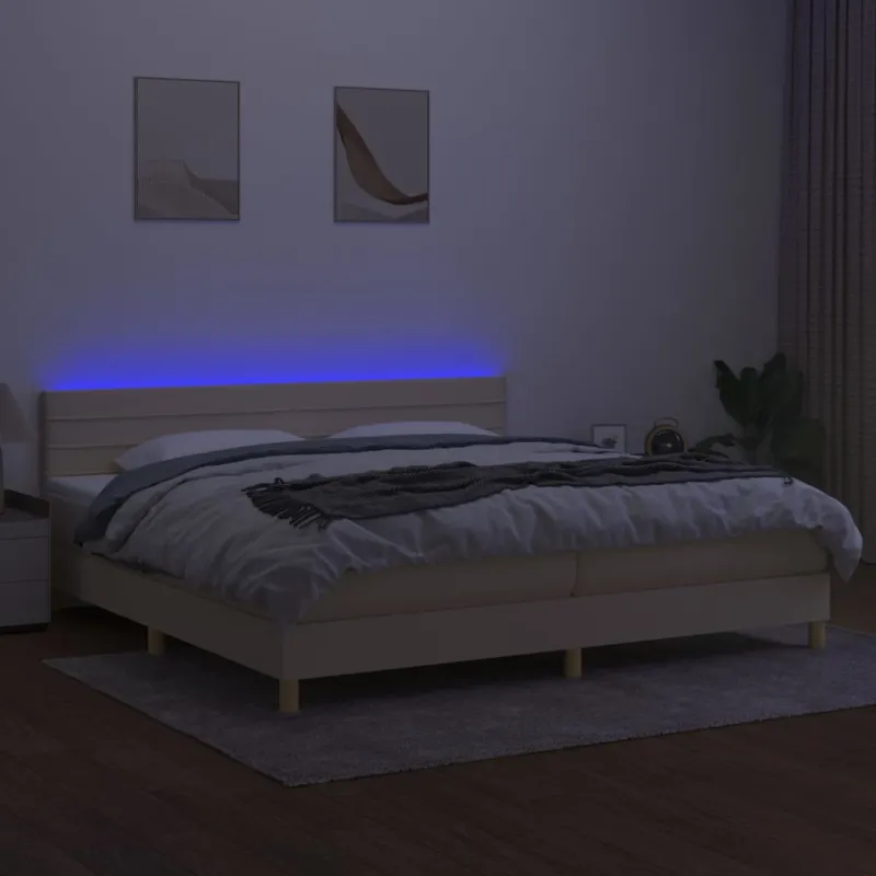 Lova su spyruoklėmis/čiužiniu/LED, kreminė, 200x200 cm, audinys