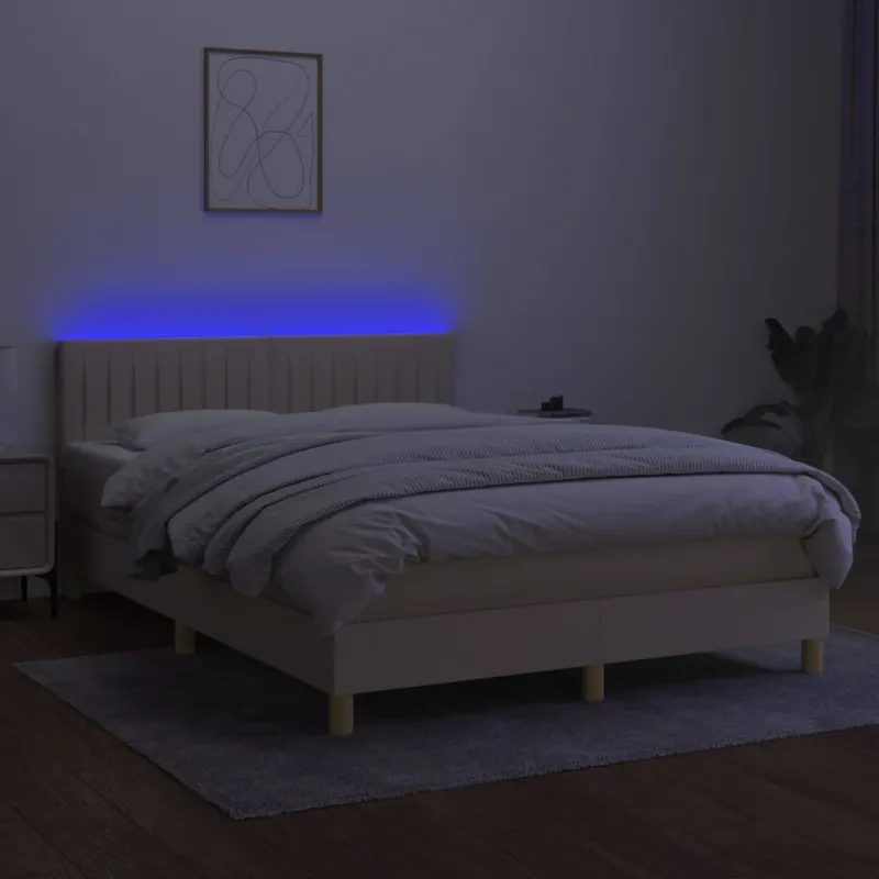 Lova su spyruoklėmis/čiužiniu/LED, kreminė, 140x200 cm, audinys