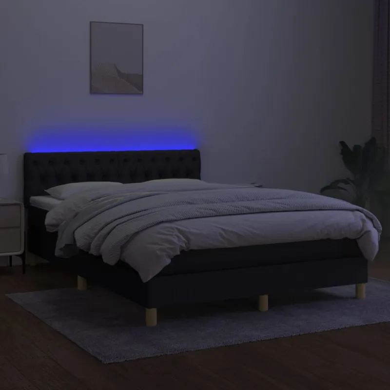 Lova su spyruoklėmis/čiužiniu/LED, juoda, 140x190 cm, audinys