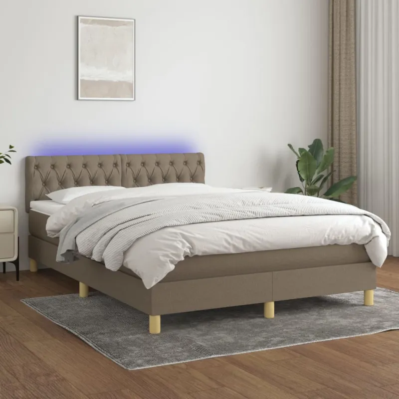 Lova su spyruoklėmis/čiužiniu/LED, taupe, 140x190 cm, audinys