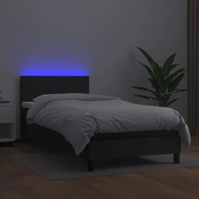 Lova su spyruoklėmis/čiužiniu/LED, juoda, 90x200cm dirbtinė oda