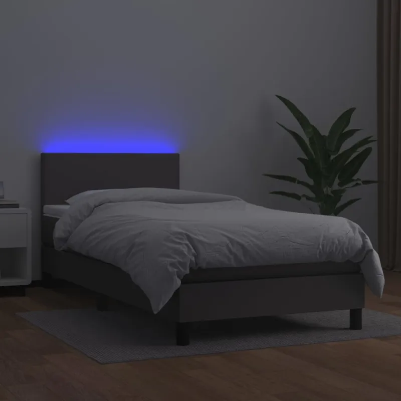 Lova su spyruoklėmis/čiužiniu/LED, pilka, 90x200cm dirbtinė oda