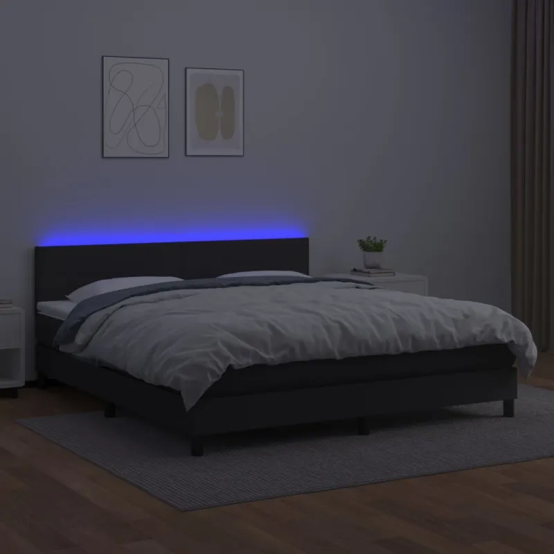 Lova su spyruoklėmis/čiužiniu/LED, juoda 160x200cm dirbtinė oda