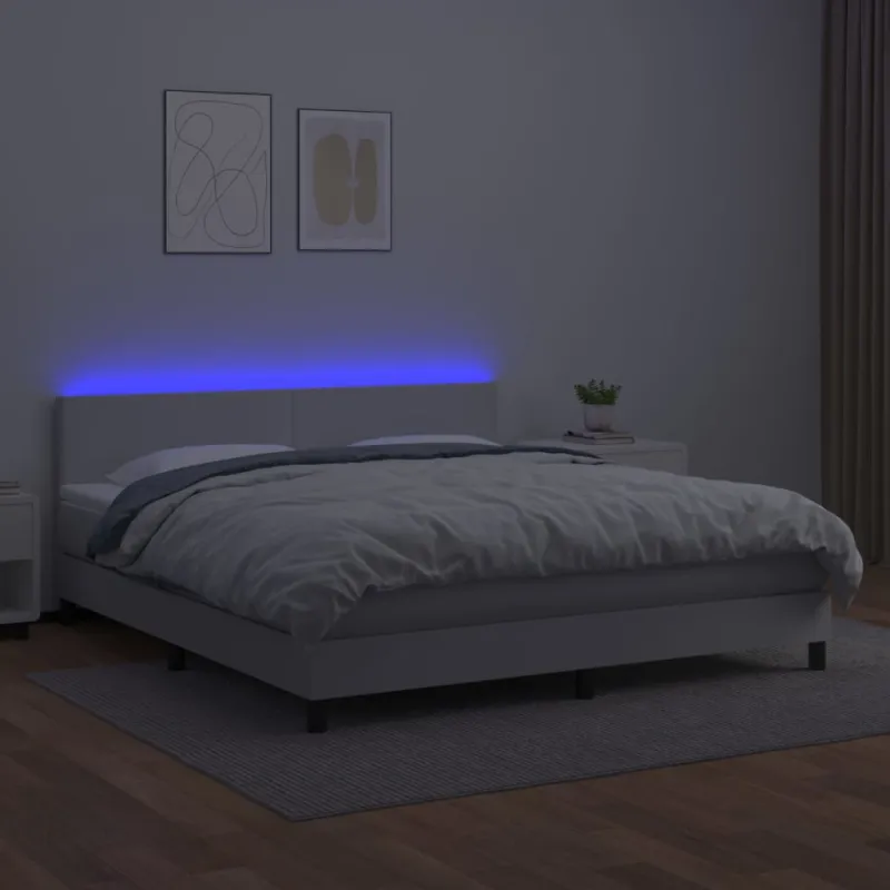 Lova su spyruoklėmis/čiužiniu/LED, balta 160x200cm dirbtinė oda
