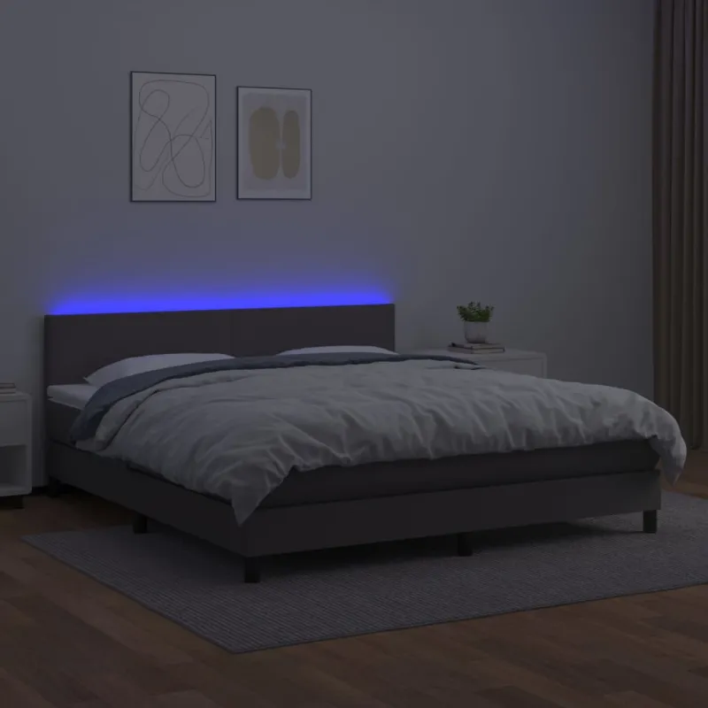 Lova su spyruoklėmis/čiužiniu/LED, pilka 180x200cm dirbtinė oda