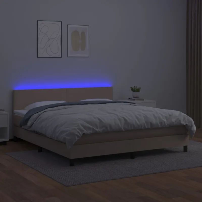 Lova su spyruoklėmis/čiužiniu/LED, kapučino, 180x200cm dirbtinė