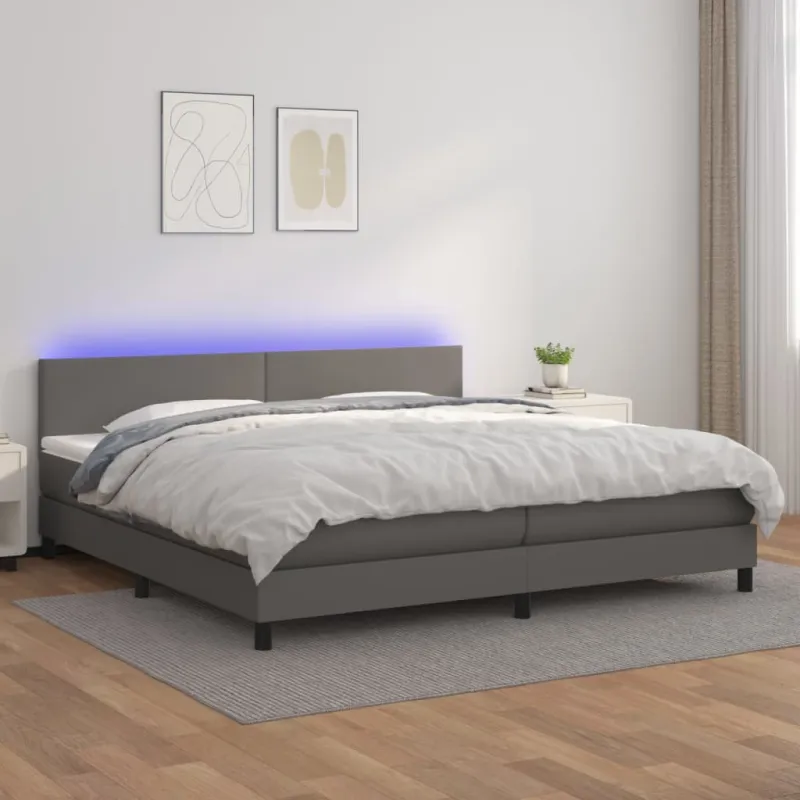 Lova su spyruoklėmis/čiužiniu/LED, pilka 200x200cm dirbtinė oda