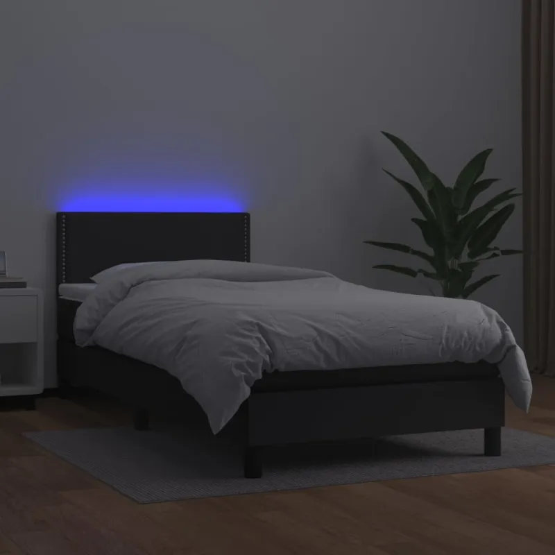 Lova su spyruoklėmis/čiužiniu/LED, juoda, 90x200cm dirbtinė oda