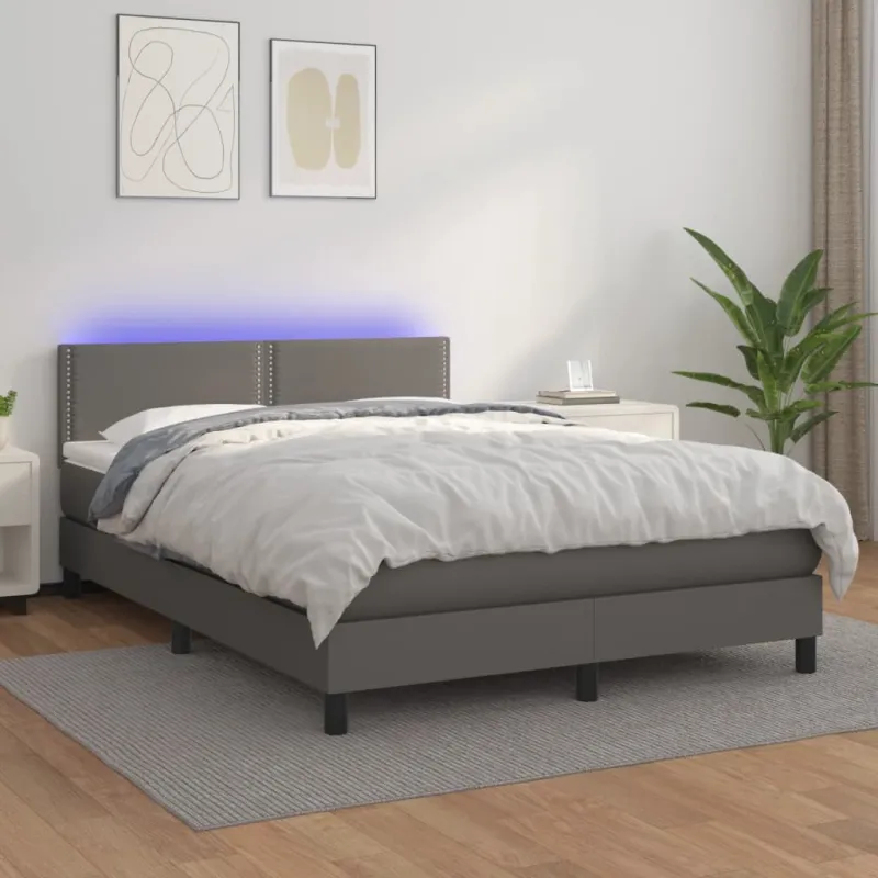 Lova su spyruoklėmis/čiužiniu/LED, pilka 140x200cm dirbtinė oda