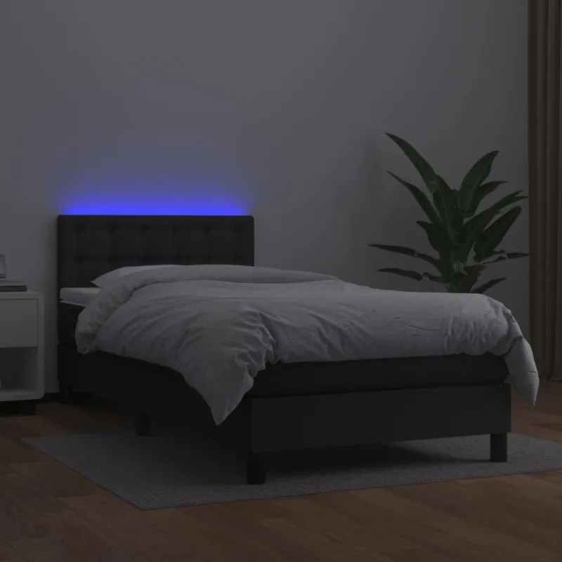 Lova su spyruoklėmis/čiužiniu/LED, juoda 100x200cm dirbtinė oda