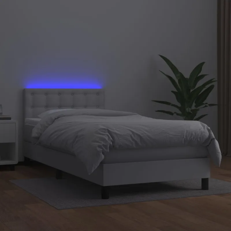 Lova su spyruoklėmis/čiužiniu/LED, balta 100x200cm dirbtinė oda