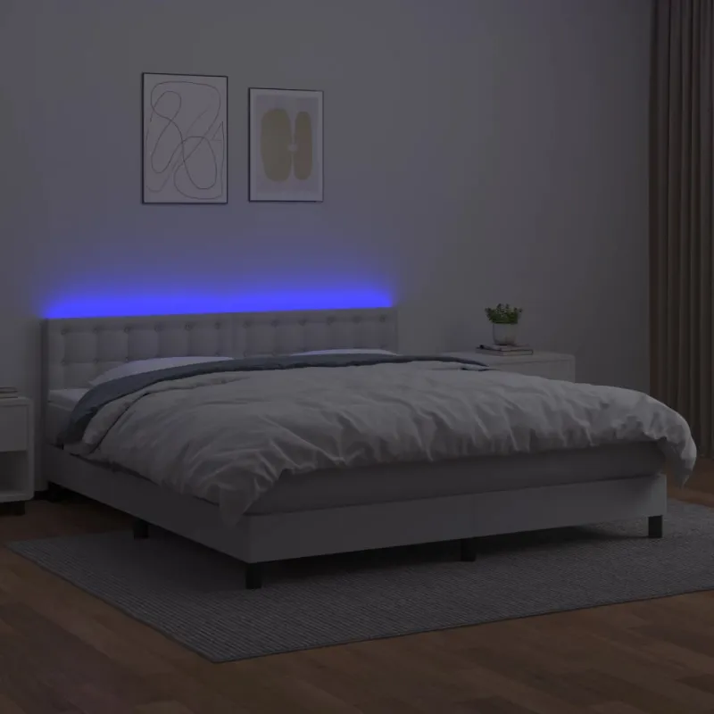 Lova su spyruoklėmis/čiužiniu/LED, balta 160x200cm dirbtinė oda