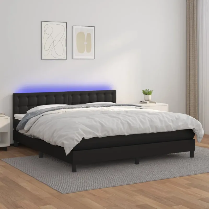 Lova su spyruoklėmis/čiužiniu/LED, juoda 180x200cm dirbtinė oda
