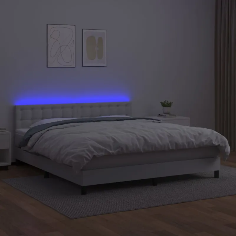 Lova su spyruoklėmis/čiužiniu/LED, balta 180x200cm dirbtinė oda