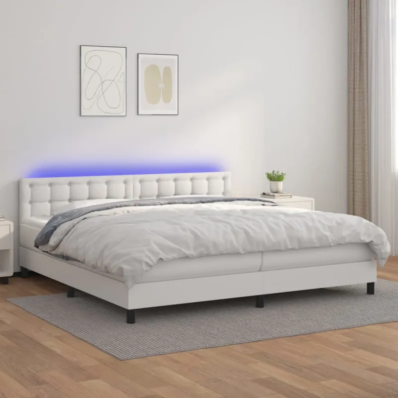 Lova su spyruoklėmis/čiužiniu/LED, balta 200x200cm dirbtinė oda
