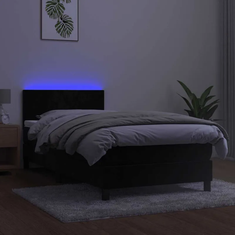 Lova su spyruokliniu/čiužiniu/LED, juoda, 90x200 cm, aksominė