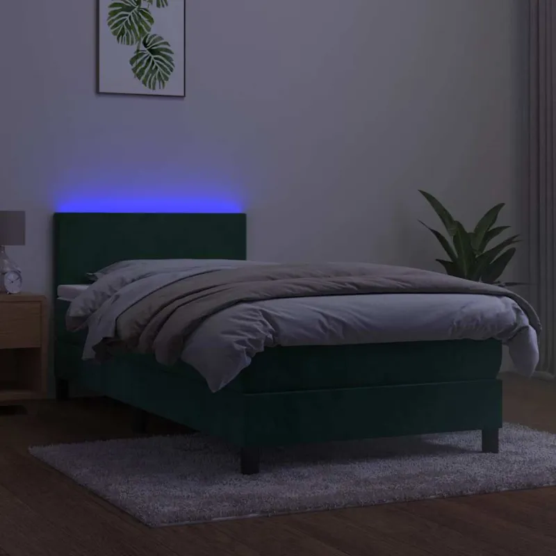 Lova su spyruokliniu/čiužiniu/LED, tamsiai žalia, 90x200cm, aksomas