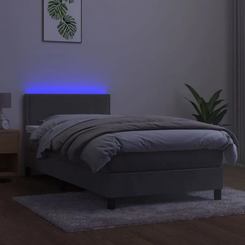 Lova su spyruokliniu/čiužiniu/LED, šviesiai pilka, 80x200cm, aksomas